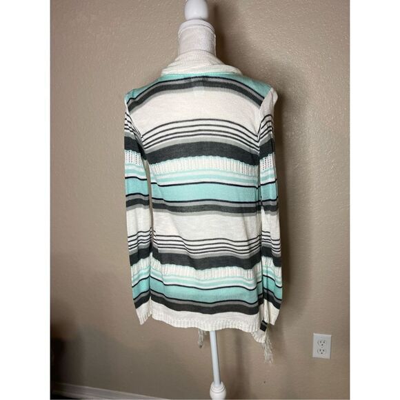 Demanding open cardigan sweater Tiffany blue striped with fringe - medium - Picture 3 of 5